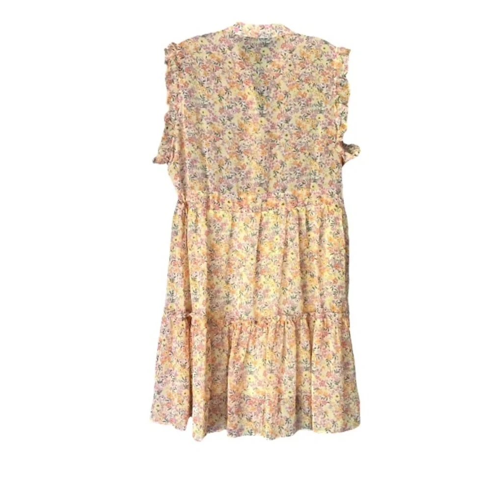 Q2 Savanna Floral Baby Doll Dress Womens Large Yellow Tiered Ruffle Sleeveless M